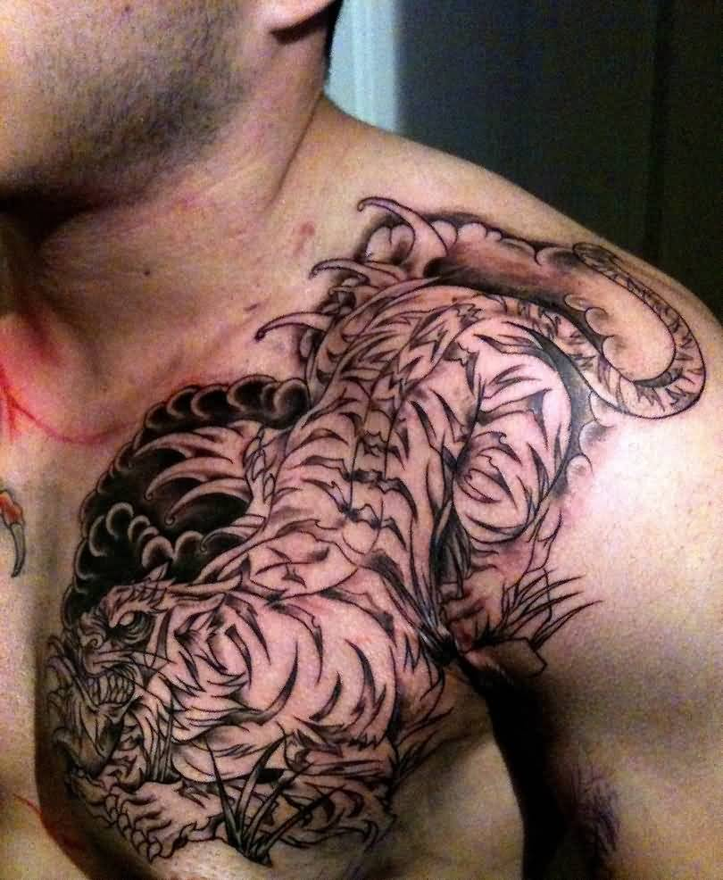 Black Ink Tiger Tattoo On Man Left Front Shoulder regarding size 810 X 986