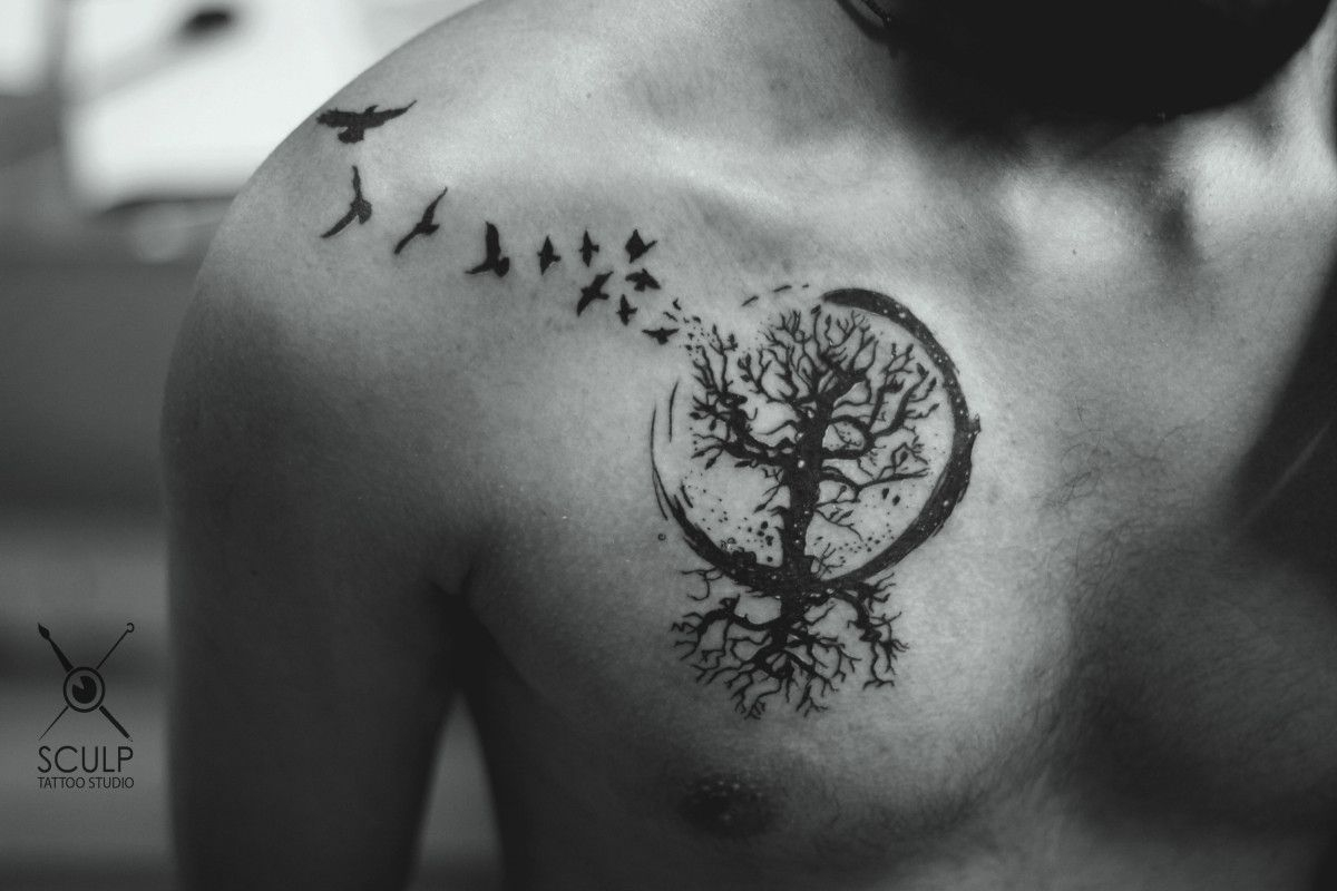Black Ink Tree Of Life With Flying Birds Tattoo On Man Right Front for dimensions 1200 X 800