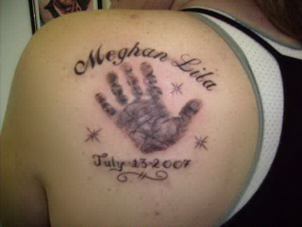 Black Memorial Daughter Hand Print Tattoo On Man Back Shoulder inside size 1048 X 786