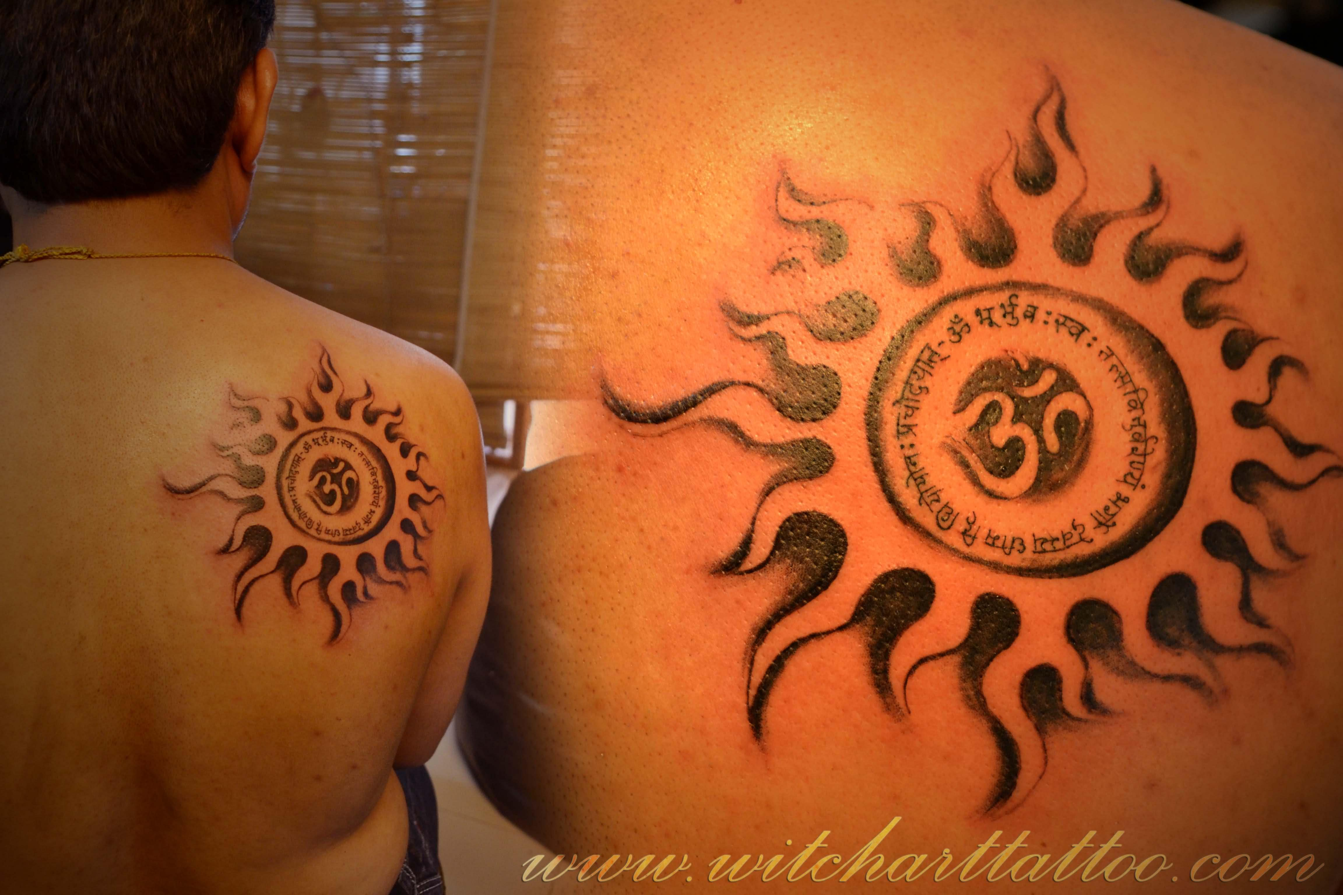 Black Om In Sun Tattoo On Man Back Shoulder inside sizing 4608 X 3072