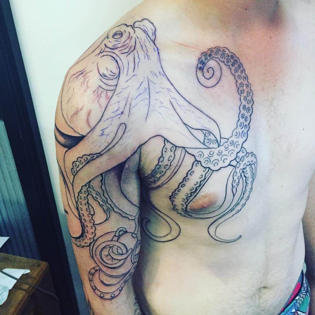 Black Outline Japanese Octopus Tattoo On Man Right Shoulder Tattoo pertaining to size 1080 X 1080