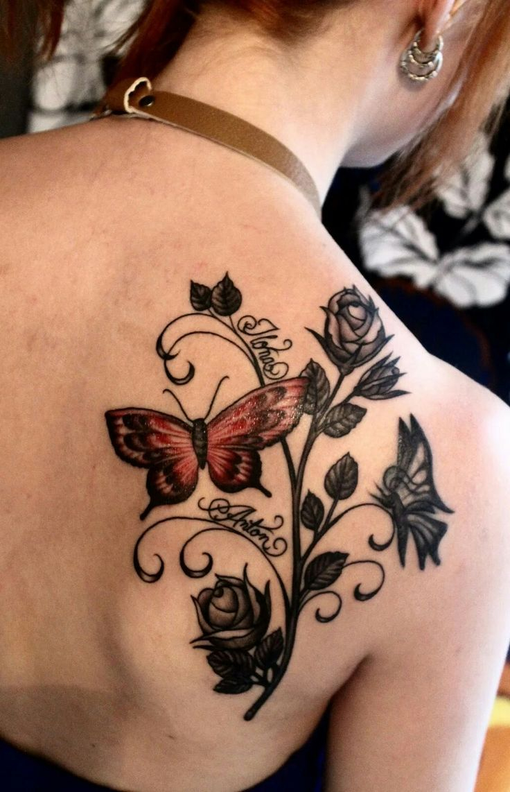 Black Roses And Butterfly Tattoo On Girl Right Back Shoulder with regard to dimensions 736 X 1142