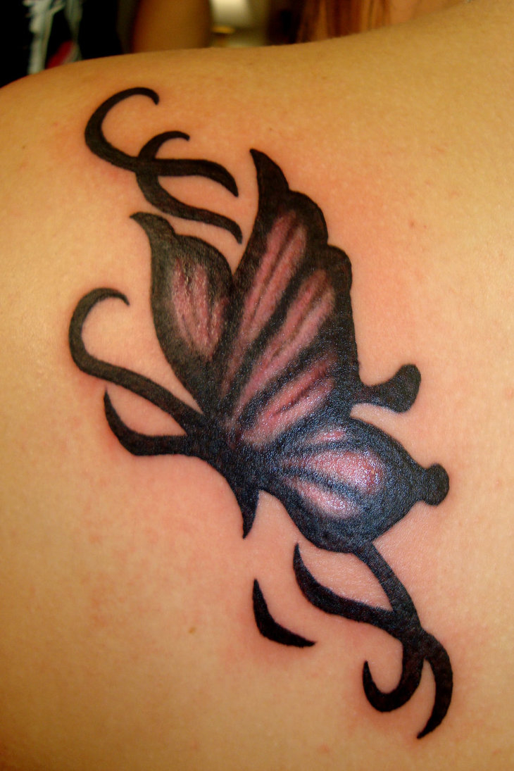 Black Tribal Butterfly Tattoo On Left Back Shoulder Tattoos throughout measurements 730 X 1095