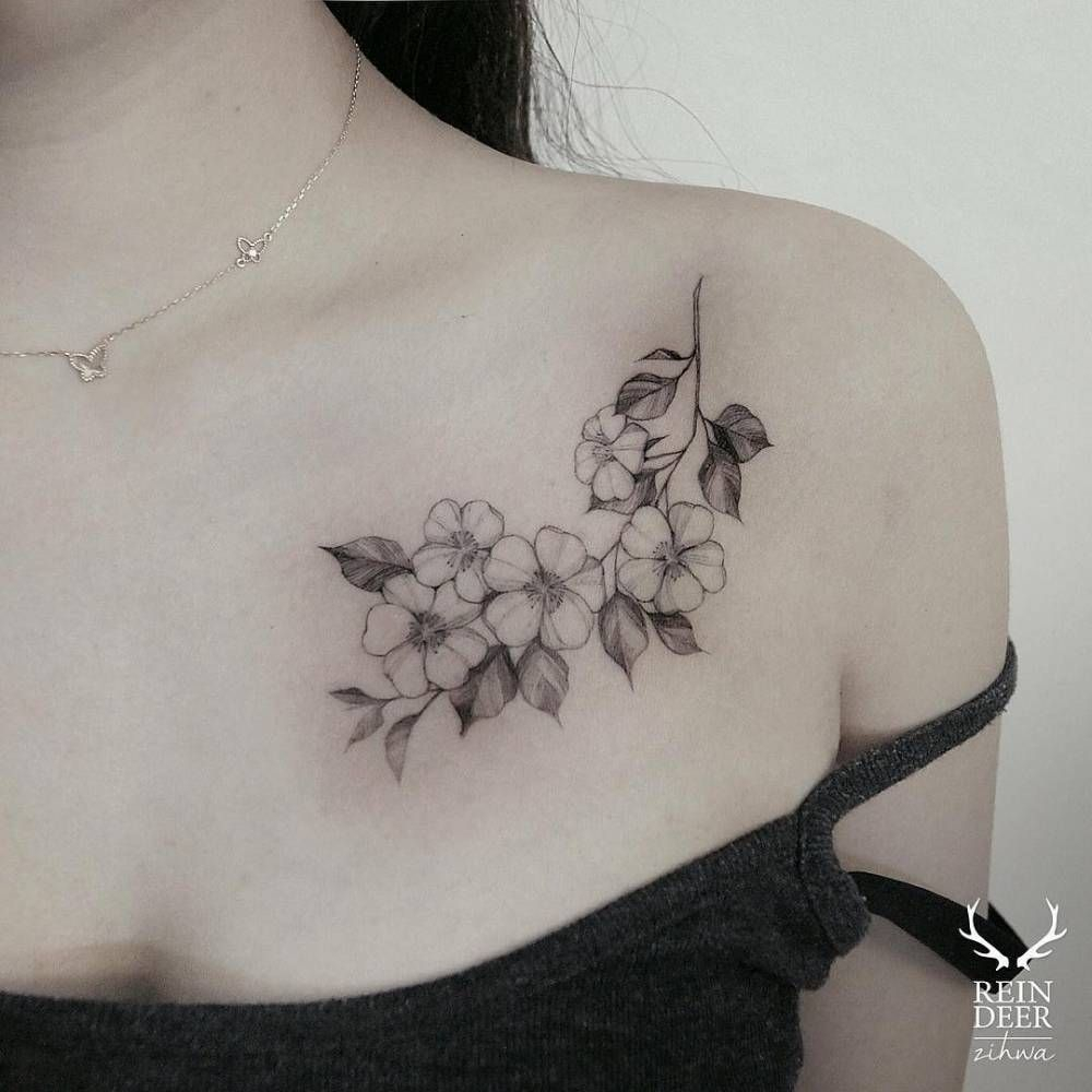 Blackwork Cherry Blossoms On The Chest Tattoo Artist Zihwa intended for sizing 1000 X 1000