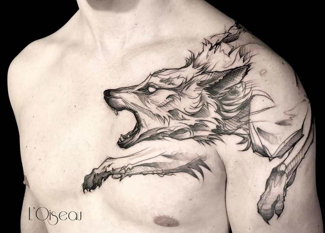 Blackwork Tattoo With Wolf And Sketch Work inside proportions 1080 X 775