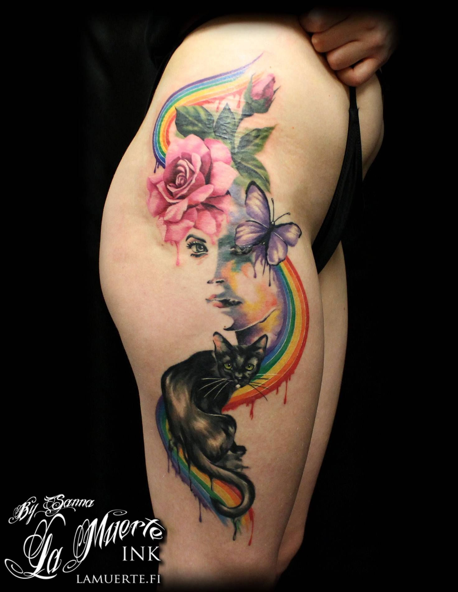 Cat Woman Butterfly Rose And Rainbow Tattoo Sanna Angervaniva with size 1472 X 1904