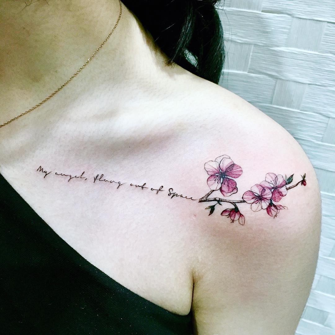 Cherry Blossom And Lettering On Shoulder Tattoo Mode with size 1080 X 1080