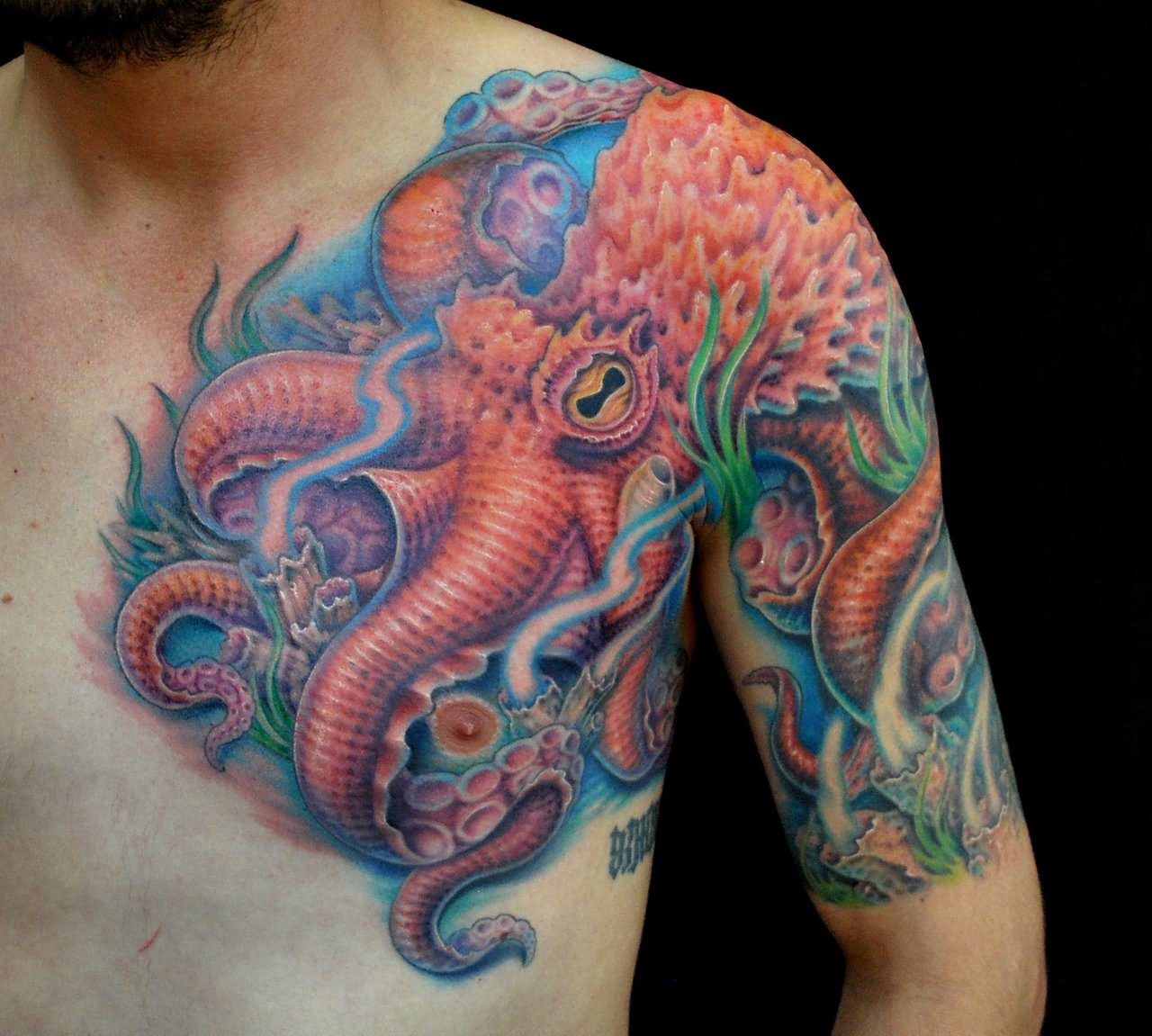 Colored Octopus Tattoo On Chest And Left Shoulder within proportions 1280 X 1151