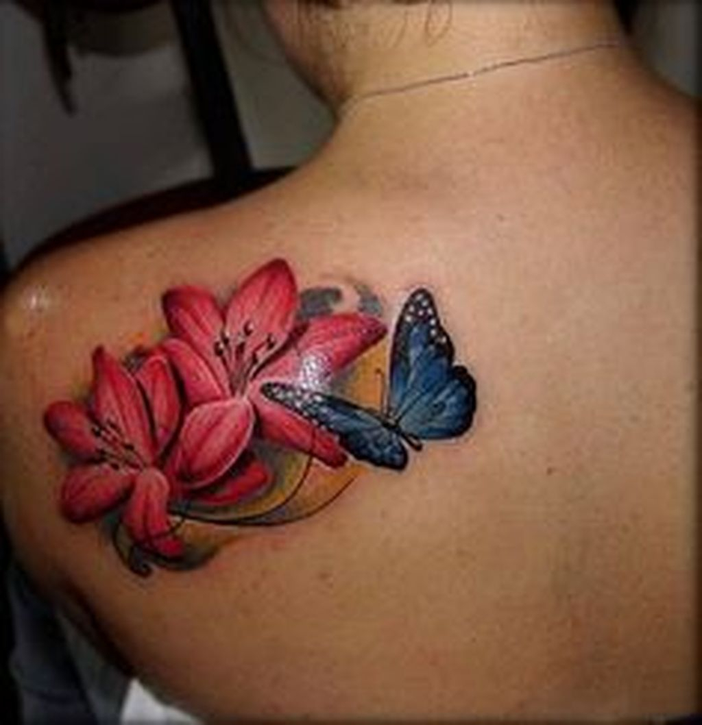Colorful Butterfly Tattoo With Flowers On Girls Left Upper Back inside measurements 1024 X 1058