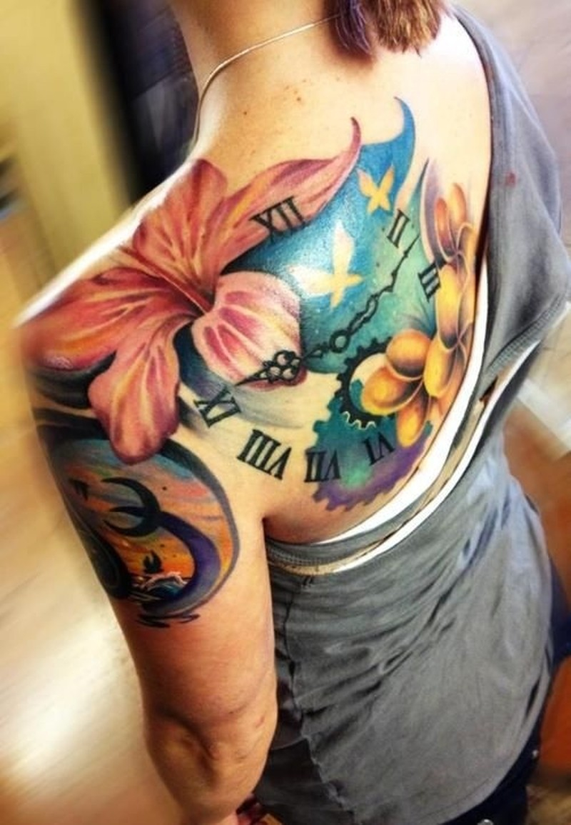 Colorful Hibiscus Flowers And Watch Tattoo On Shoulder Blade inside measurements 800 X 1155