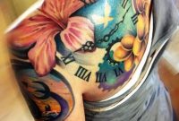 Colorful Hibiscus Flowers And Watch Tattoo On Shoulder Blade intended for size 800 X 1155