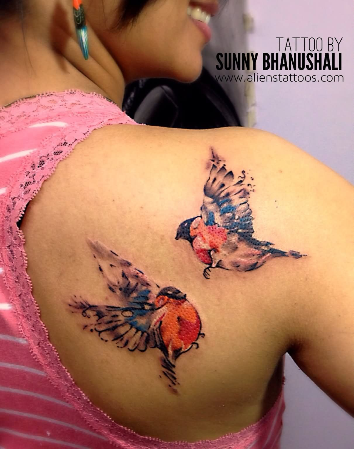 Colorful Two Flying Birds Tattoo On Girl Right Back Shoulder Think in measurements 1211 X 1536