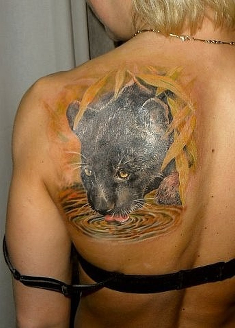 Coloured Black Panther Drinking Water Tattoo On Shoulder Blade for size 800 X 1114