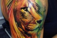 Colourful Lion Head Tattoo On The Shoulder Style Watercolor Lion pertaining to size 900 X 1452