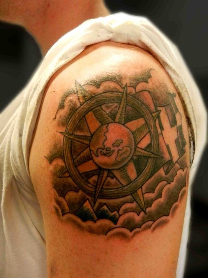 Compass Ship Wheel Clouds Tattoo On Shoulder Tattoos Book 65000 intended for dimensions 800 X 1067