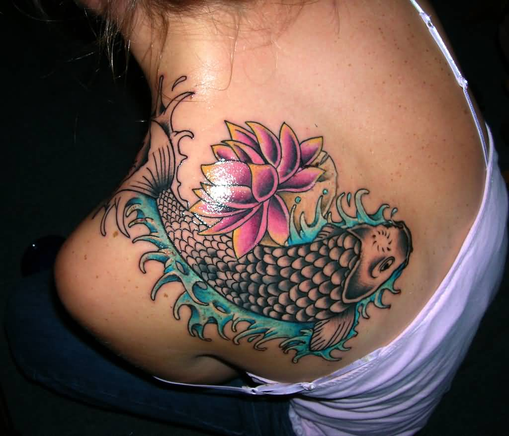 Cool Koi Fish With Lotus Flower Tattoo On Female Left Back Shoulder throughout sizing 1024 X 877