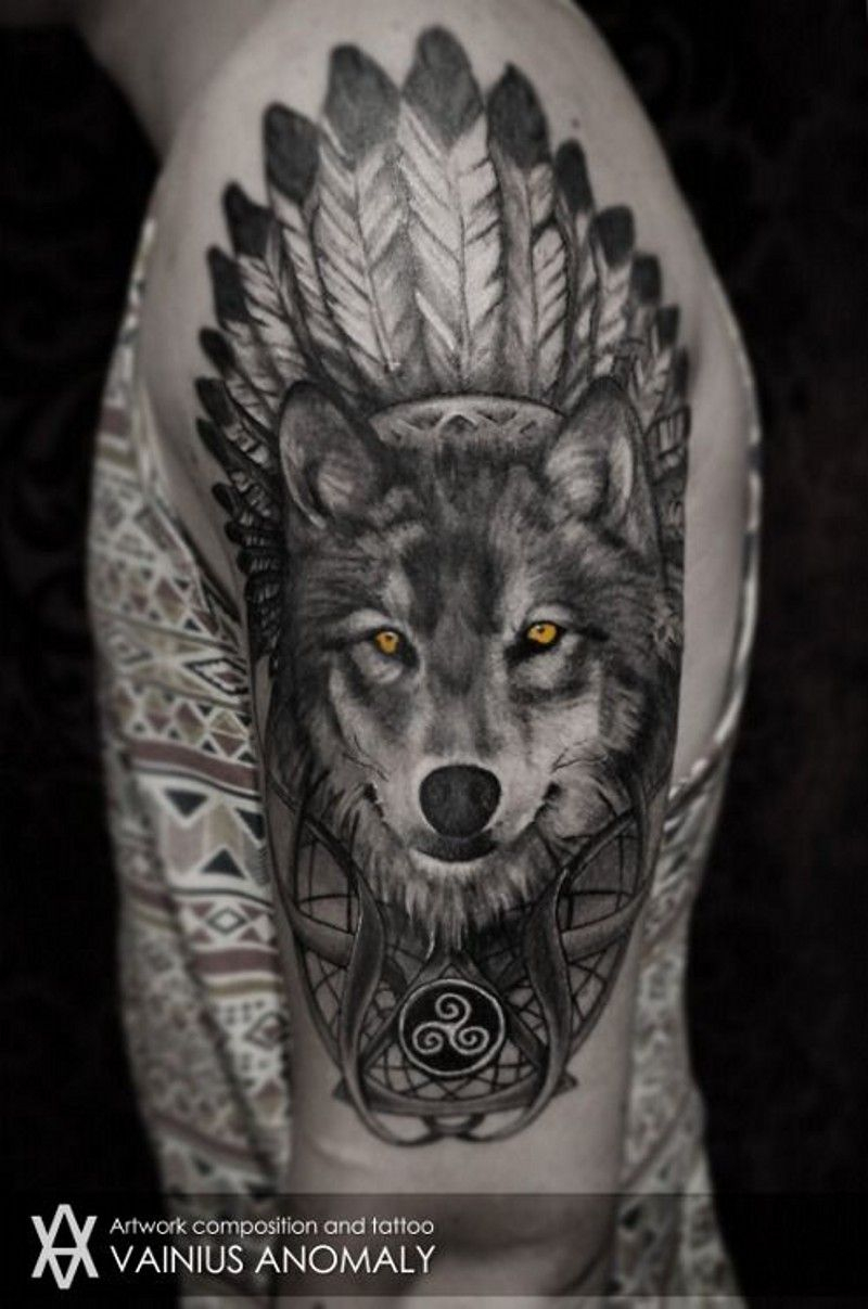 Cool Native American Style Wolf With Yellow Eyes Tatoo On Shoulder pertaining to proportions 800 X 1207
