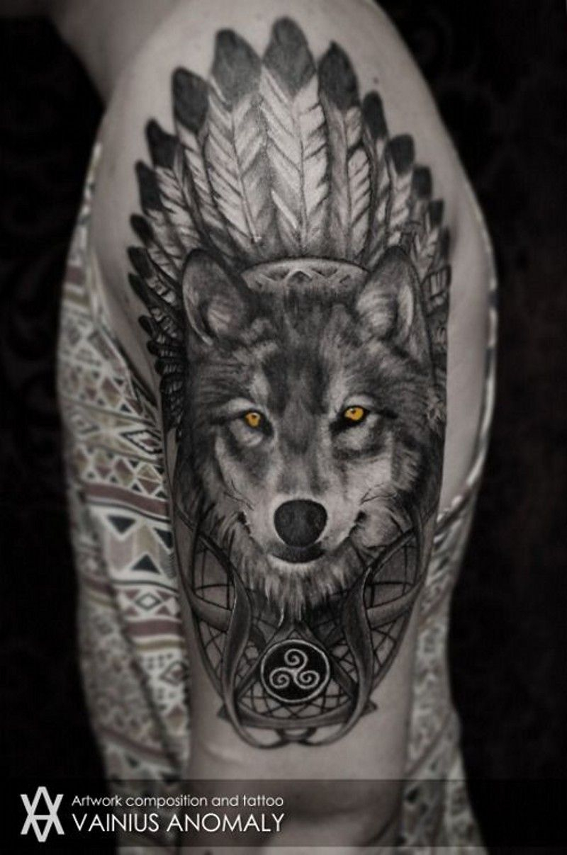 Cool Native American Style Wolf With Yellow Eyes Tatoo On Shoulder regarding size 800 X 1207