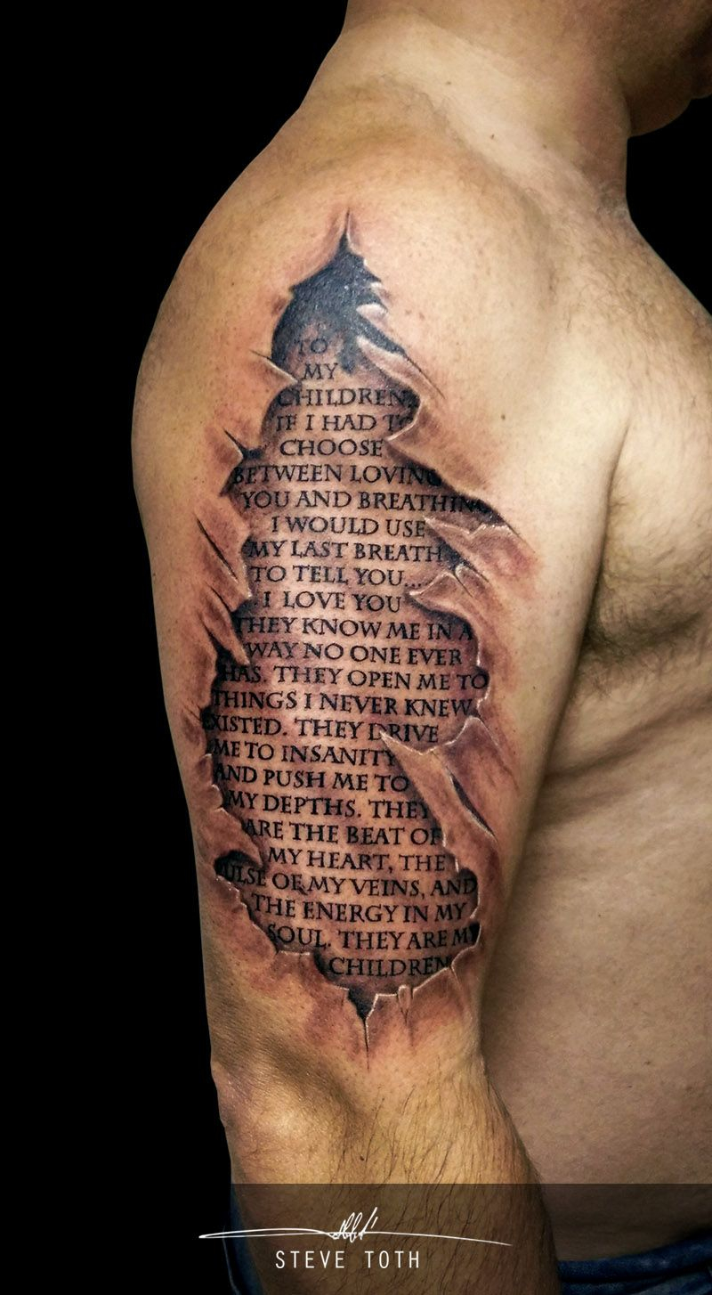 Cool Ripped Skin And Writing Tattoo 3d Steve Toth Tattooooos with regard to measurements 800 X 1454