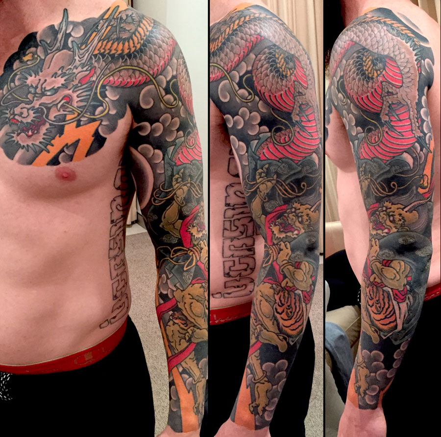 Cool Traditional Dragon Tattoo On Man Left Full Sleeve And Front with regard to proportions 900 X 893