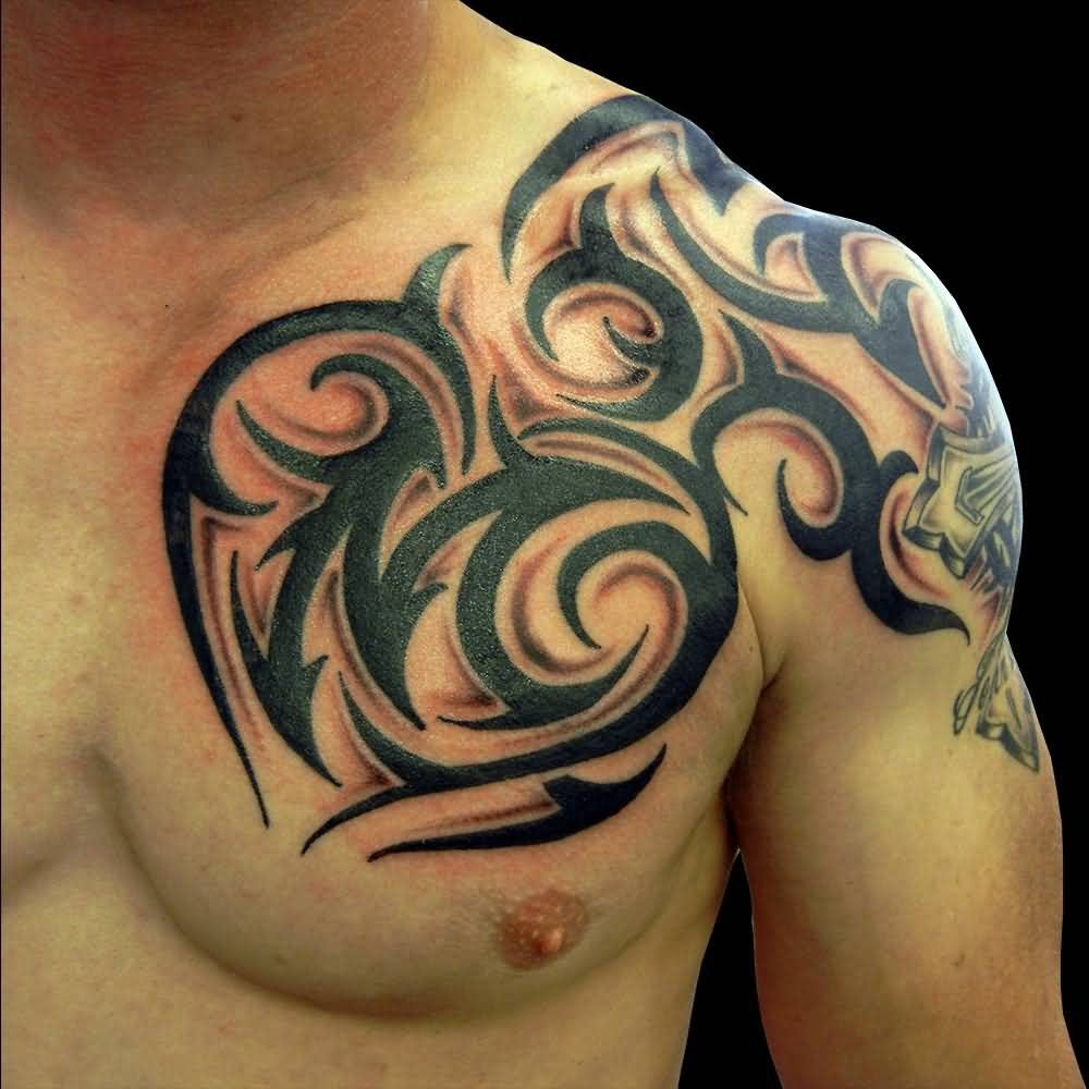 Cool Tribal Design Tattoo On Left Shoulder And Chest with proportions 1000 X 1000