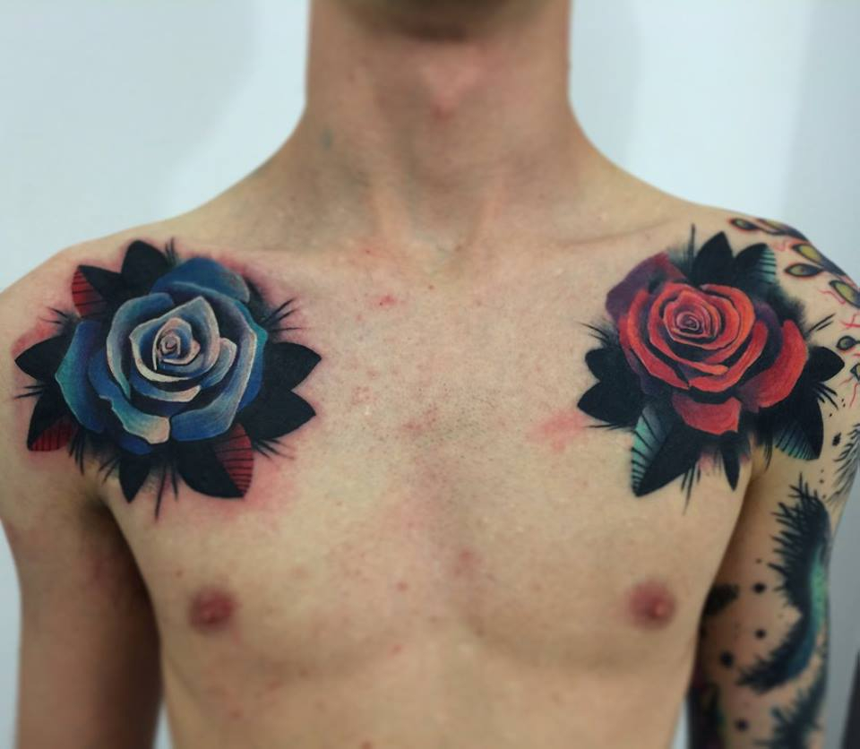 Cool Two Rose Tattoo On Man Front Shoulder regarding measurements 960 X 836