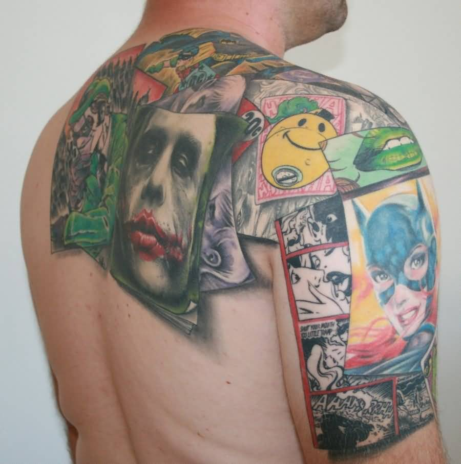 Crazy Extreme Famous Cartoon Comic Tattoo On Shoulder And Upper Back inside size 900 X 907