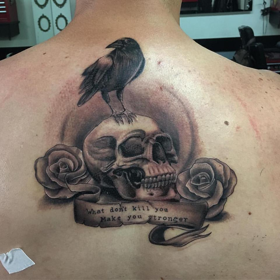 Crow On Skull Tattoo On Upper Back in dimensions 960 X 960