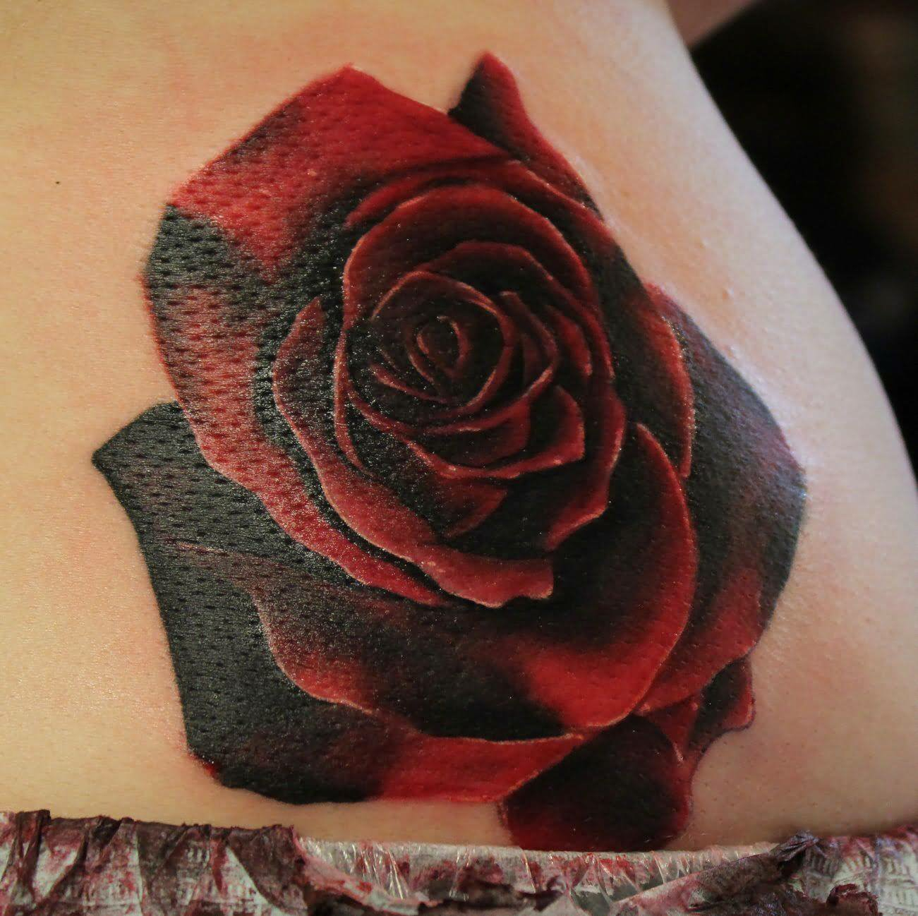 Dark Black And Red Rose Tattoo On Shoulder within proportions 1301 X 1298