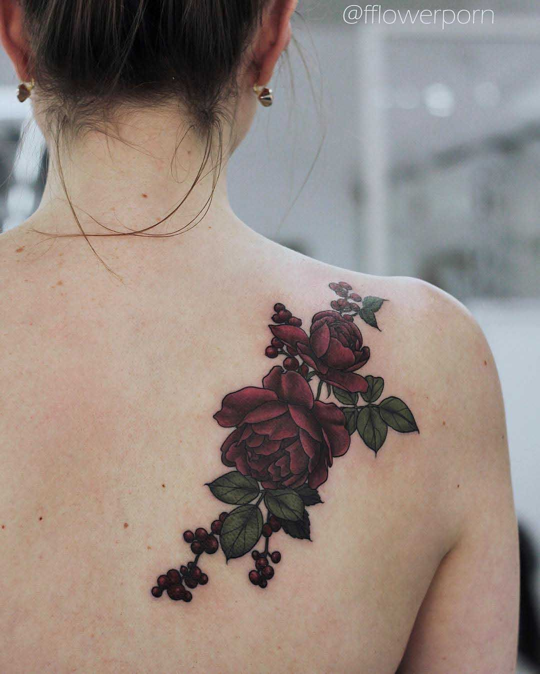 Dark Red Roses Tattoo On Shoulder Blade Body Art Shoulder Tattoo in size 1080 X 1349