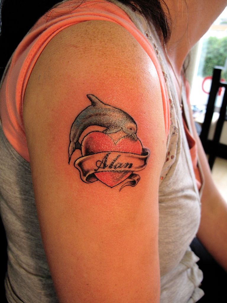 Dolphin With Heart Tattoo On Upper Arm Tattoos Dolphins Tattoo inside sizing 768 X 1024