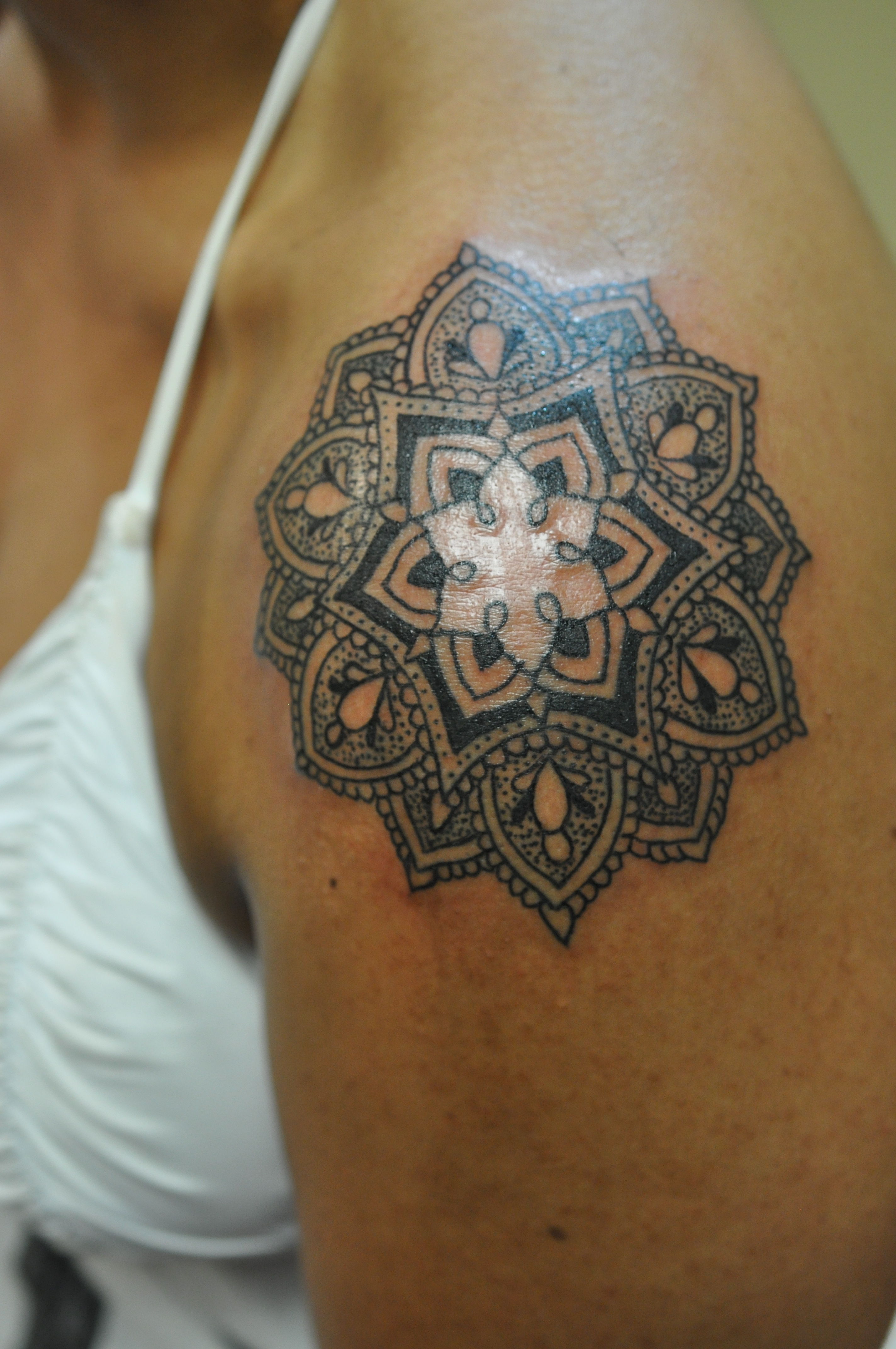 Dot Work Mandala Female Shoulder Tattoo Tattoos Dave Rodriguez regarding dimensions 2848 X 4288