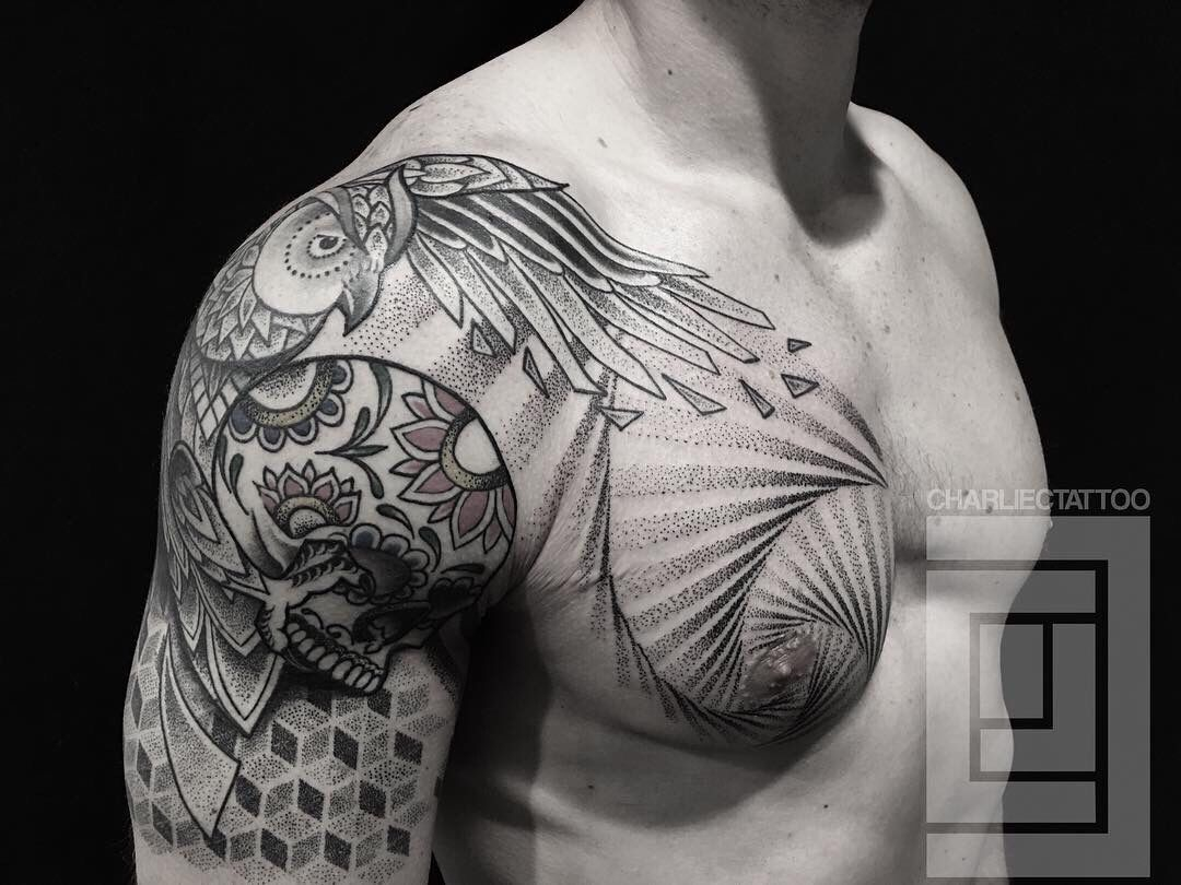 Dotwork Shoulder And Chest Tattoo Charlie Cung Guru Tattoo San pertaining to size 1080 X 810