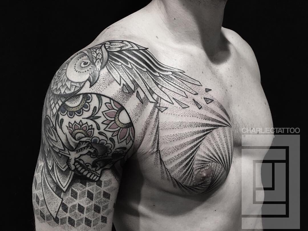 Dotwork Shoulder And Chest Tattoo Charlie Cung Guru Tattoo San with regard to proportions 1080 X 810