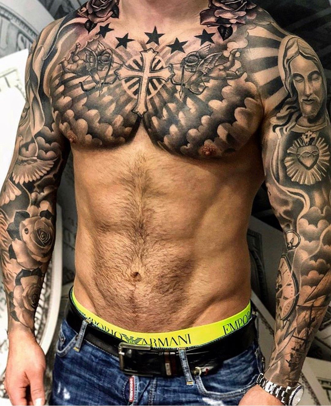 Double Sleeve And Upper Chest Tattoos Cool Chest Tattoos Chest pertaining to measurements 1080 X 1324