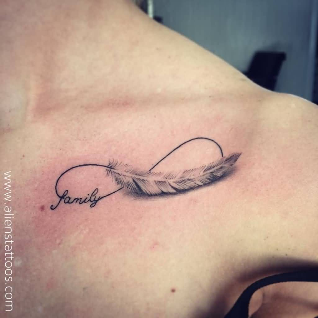 Family Infinity With Realistic Feather Symbol Tattoo On Shoulder intended for dimensions 1024 X 1024