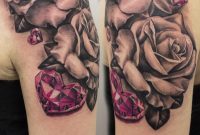 Femine Girly Shoulder Tattoo Realistic Roses And Pink Diamond Hearts inside measurements 1885 X 2828