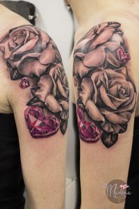 Femine Girly Shoulder Tattoo Realistic Roses And Pink Diamond Hearts inside measurements 1885 X 2828