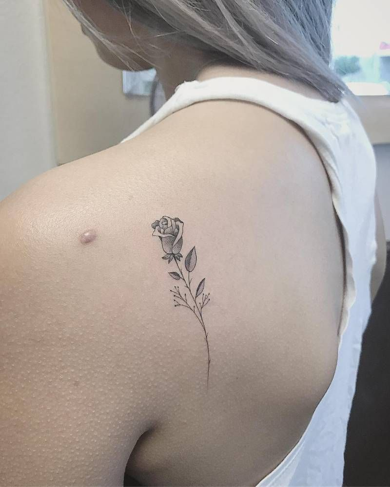 Fine Line Rose Tattoo On The Left Shoulder Blade Nature Tattoos with regard to proportions 800 X 1000