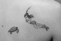 Fine Line Style Turtle And Diver Tattoo On The Right Shoulder Blade in sizing 1000 X 1000