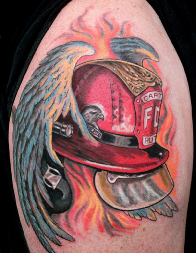 Firefighter Helmet With Wings Tattoo On Shoulder Tattoos Book inside sizing 800 X 1029