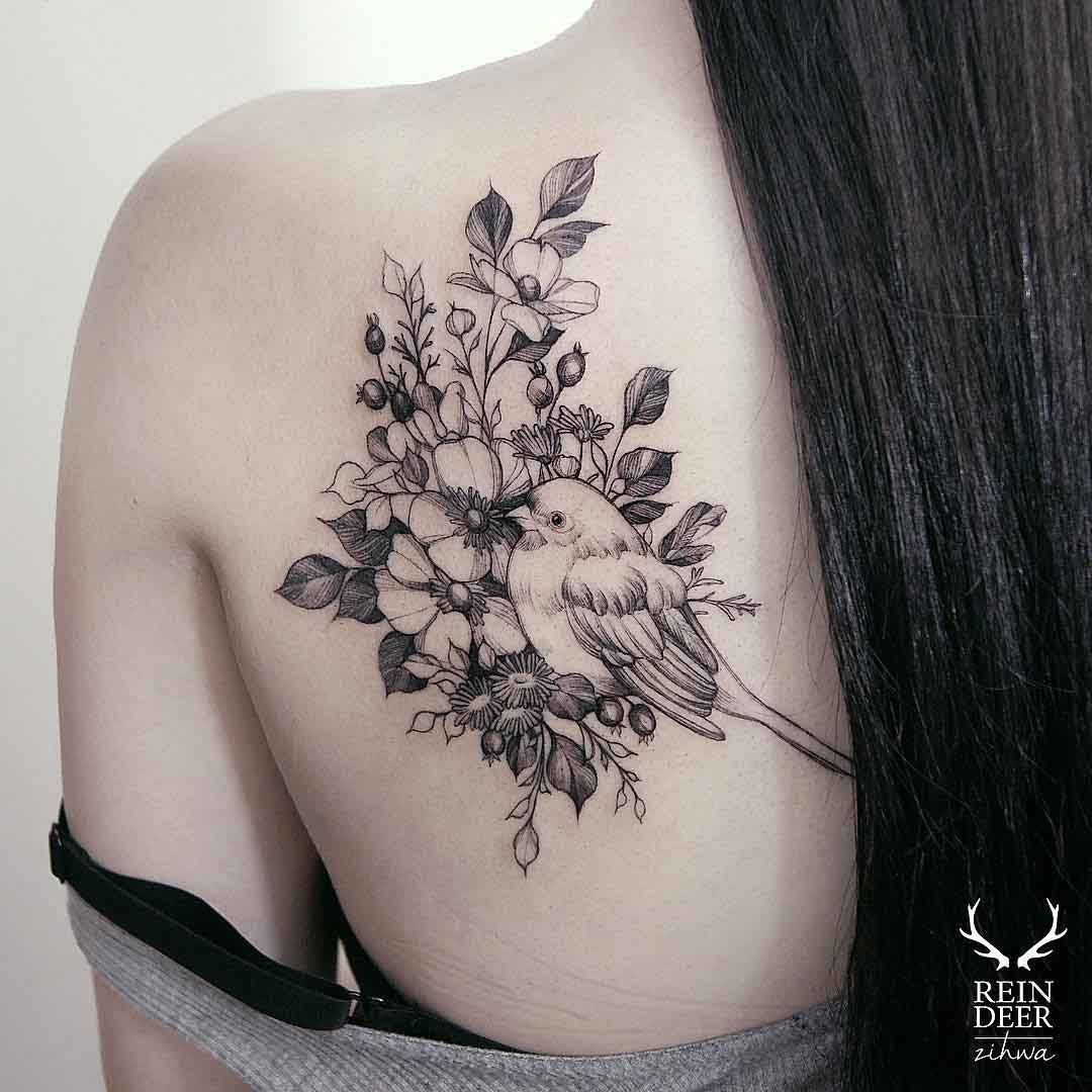 Flowers And Bird Tattoo On Shoulder Blade For Girls Body Art for dimensions 1080 X 1080