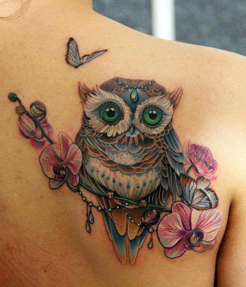 Flowers And Owl Tattoo On Back Shoulder Anna Belozerova in sizing 822 X 960