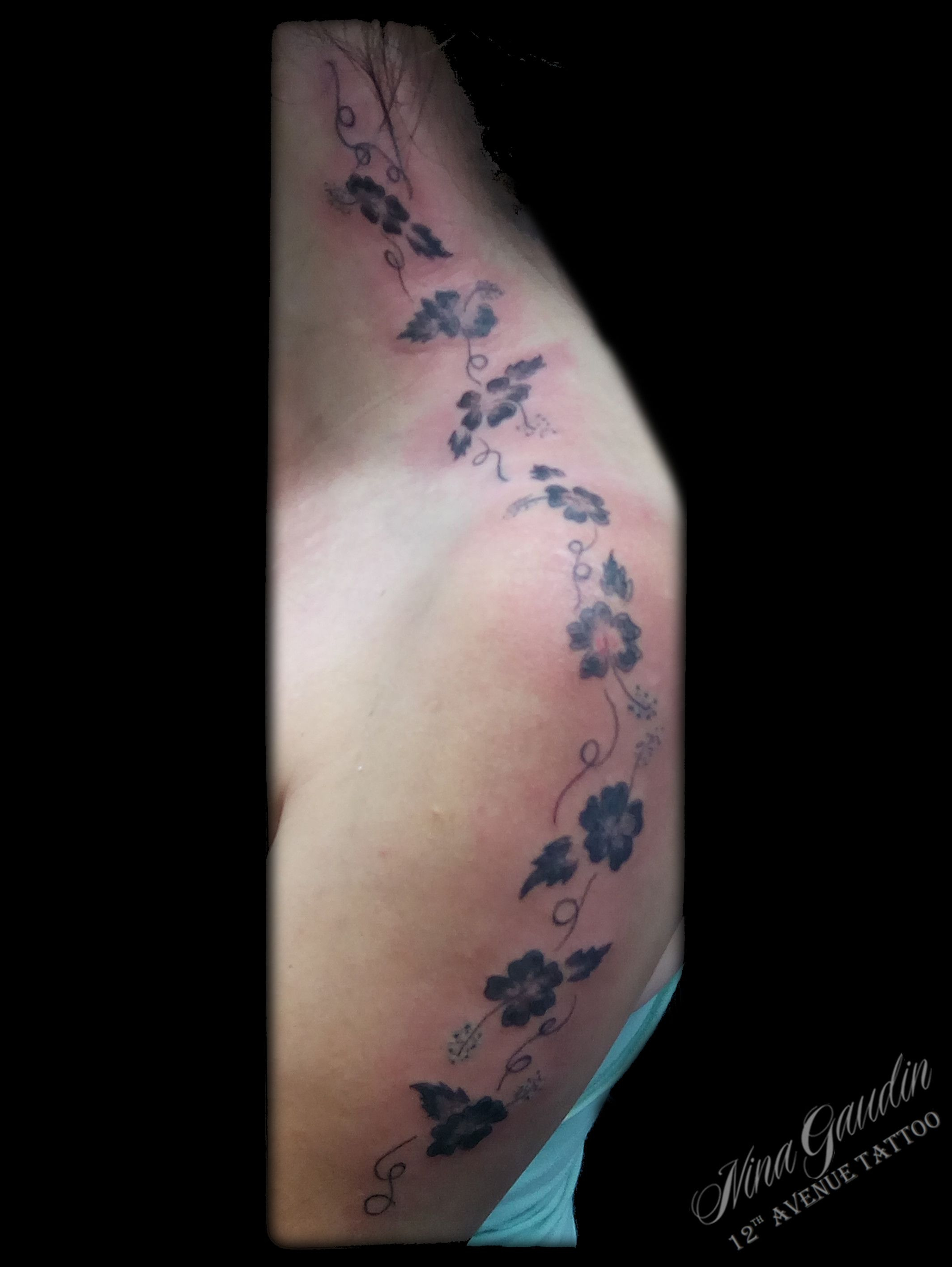 Flowers With Vines Ear To Bicep Across Shoulder Black Grey Tattoo with size 2128 X 2832
