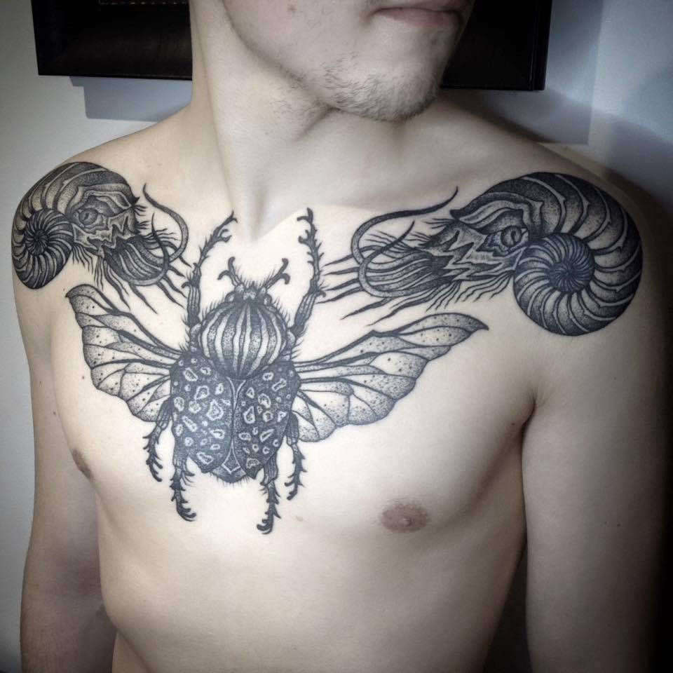 Flying Beetle And Two Ammonite Tattoos On The Chest And regarding size 960 X 960