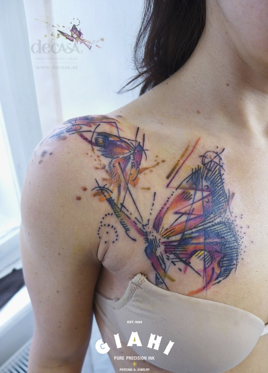 Flying Butterflies Tattoo On Chest And Shoulder Carola Deutsch for size 864 X 1200