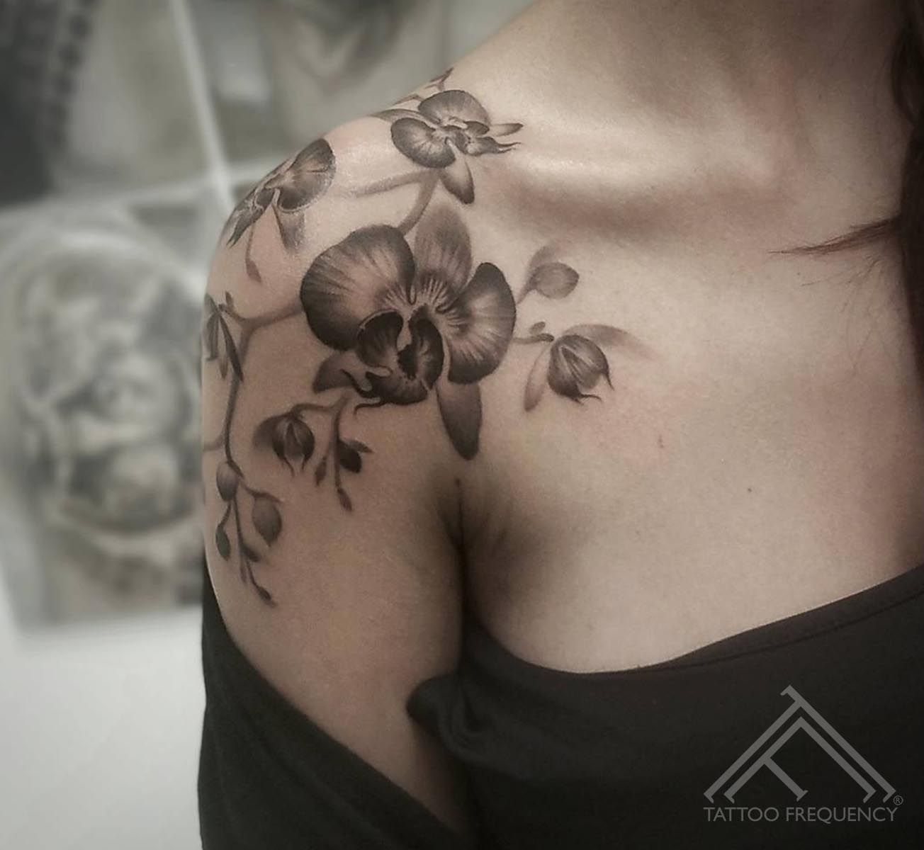 Freshly Done Black And Gray Orchids On Womans Shoulder Artist throughout proportions 1304 X 1200