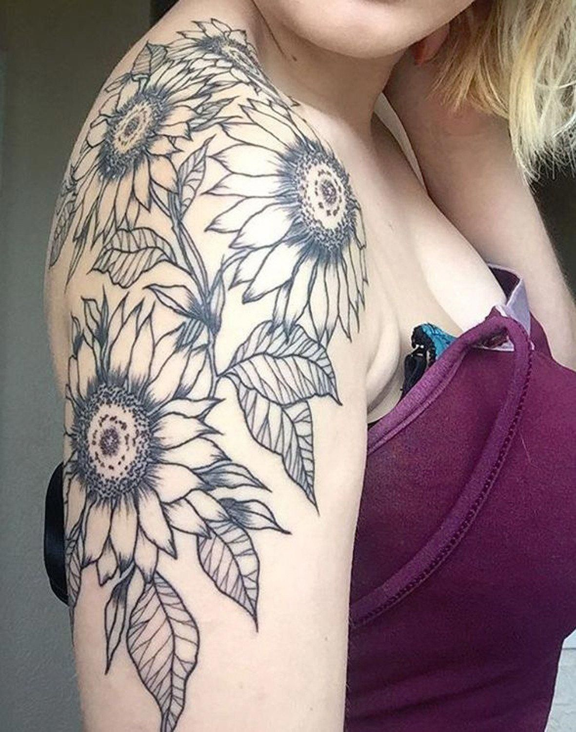 Full Arm Sleeve Sunflower Floral Tattoo Ideas On Shoulder For Women with regard to proportions 1181 X 1500