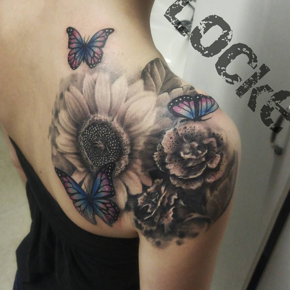 Gray Wash Flowers And Butterflies Girlswithink Sunflower Tattoos pertaining to dimensions 960 X 960