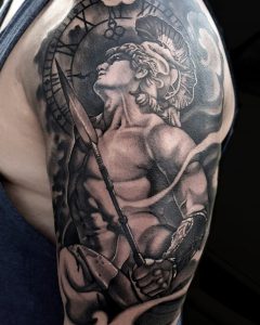 Greek Warrior God Sleeve Tattoo Tony Davis Soular Tattoo intended for dimensions 1117 X 1396